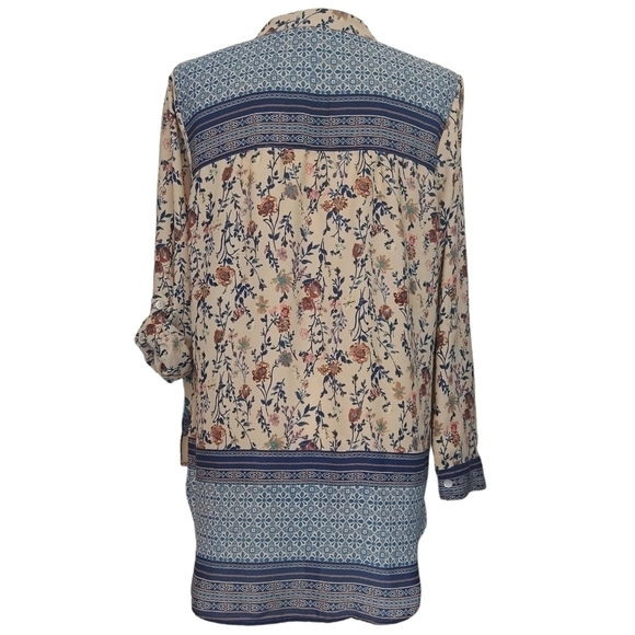 Fig & Flower Tan Blue Boho Floral Paisley Button-Up Blouse Roll Tab Sleeve - Picture 2 of 8